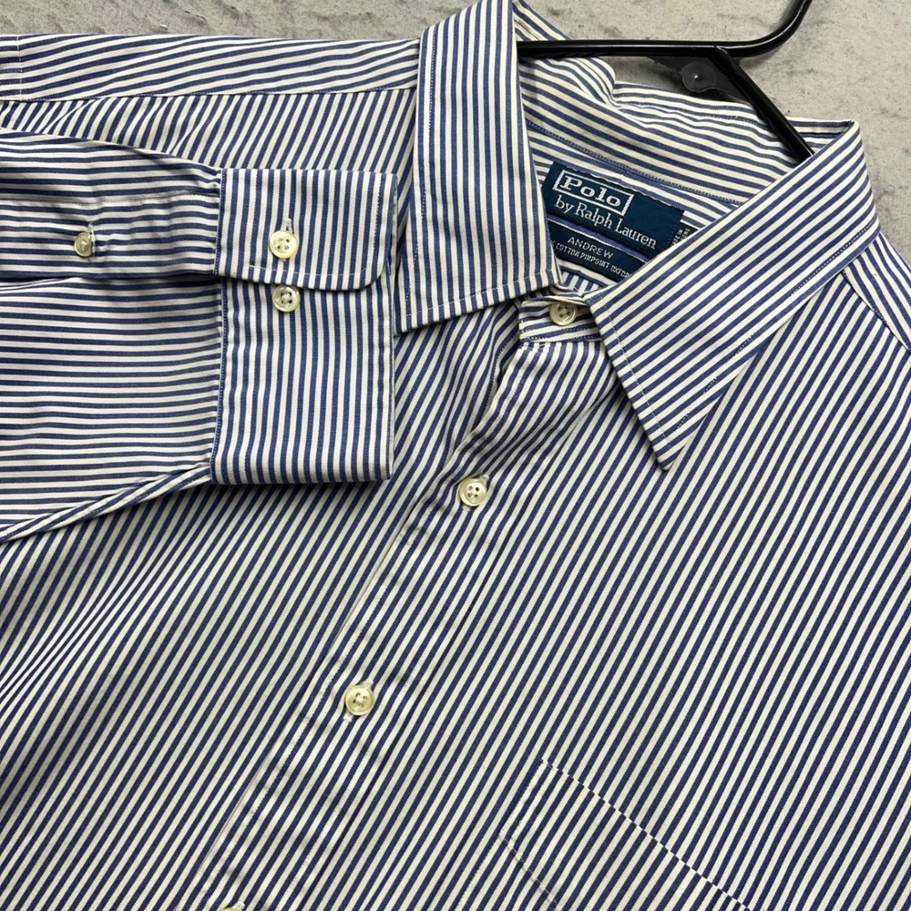 Polo Ralph Lauren Andrew Shirt Mens 18 34/35 Blue White Striped Pinpoint Oxford